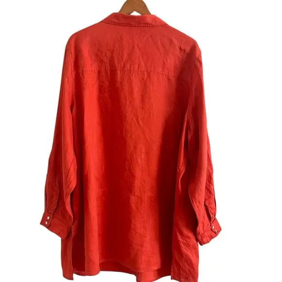 Tahari Linen Button Up Tunic Top Sz 3X Orange Lagenlook Lagom Long Sleeve Boho - Picture 2 of 10